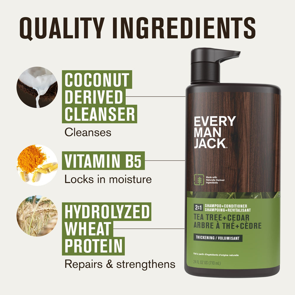 Every Man Jack Tea Tree Cedar hair closeup shows healthy shine after wash