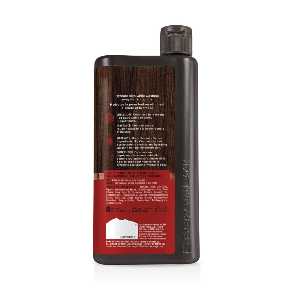 Every Man Jack Cedar Red Sage aroma image conveys rugged masculine grooming.