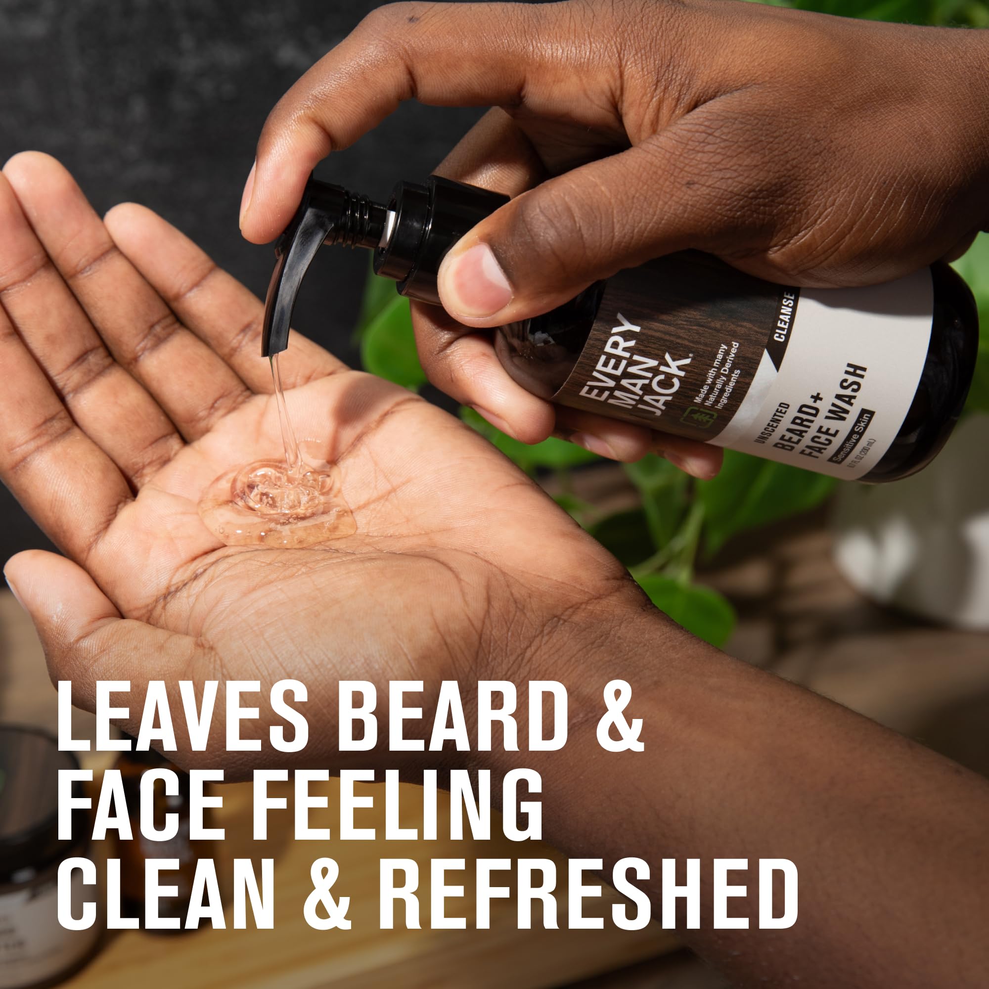 Every Man Jack unscented beard and face wash application on hands shows easy skin cleansing.