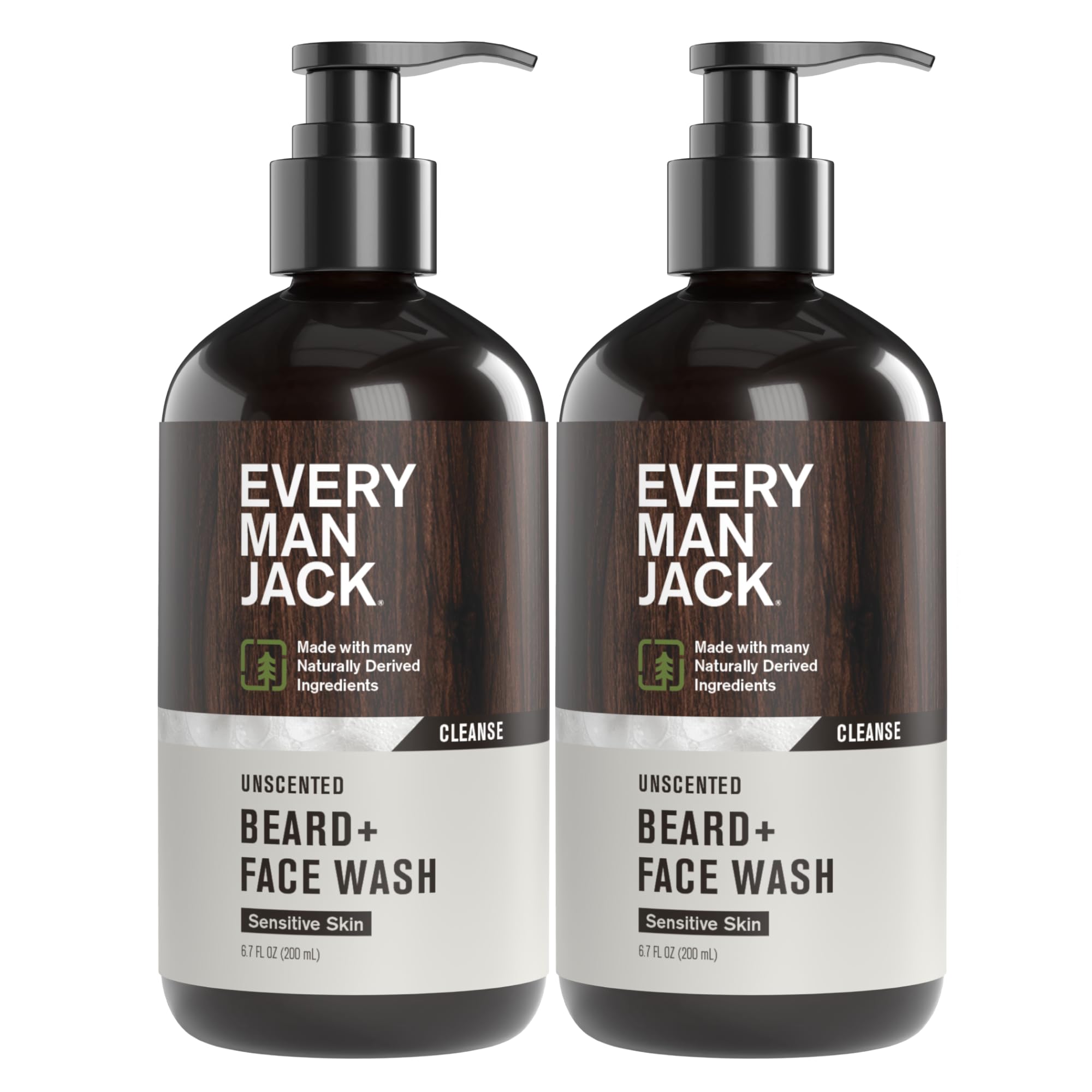 Every Man Jack unscented beard and face wash bottle front offers fragrance-free cleansing for sensitive skin.
