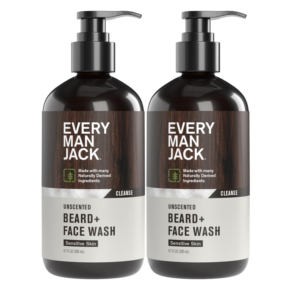 Every Man Jack unscented beard and face wash bottle front offers fragrance-free cleansing for sensitive skin.
