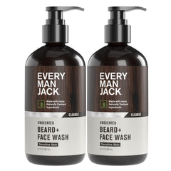 Every Man Jack unscented beard and face wash bottle front offers fragrance-free cleansing for sensitive skin.