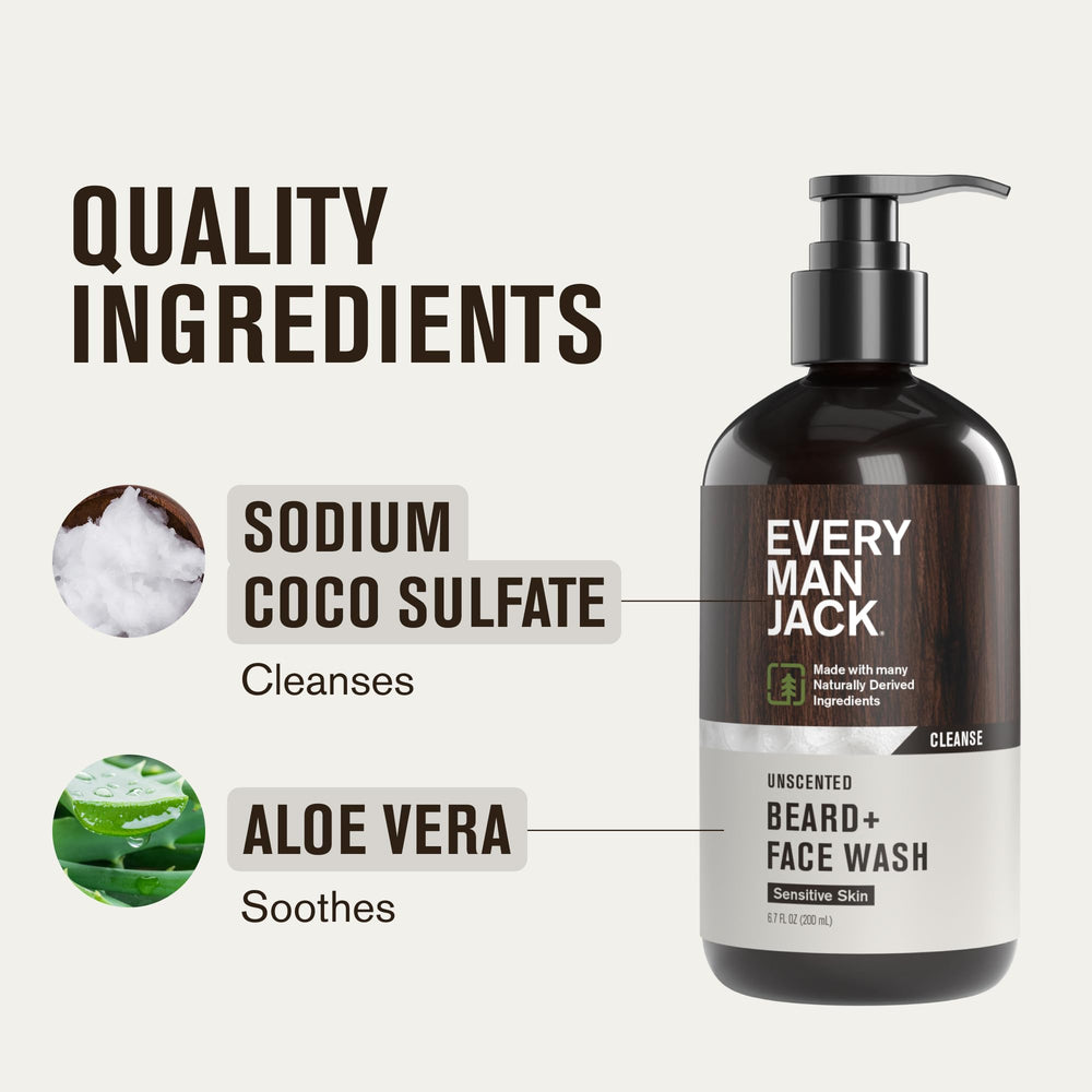 Every Man Jack unscented beard and face wash closeup highlights dermatologist-tested fragrance-free formula.