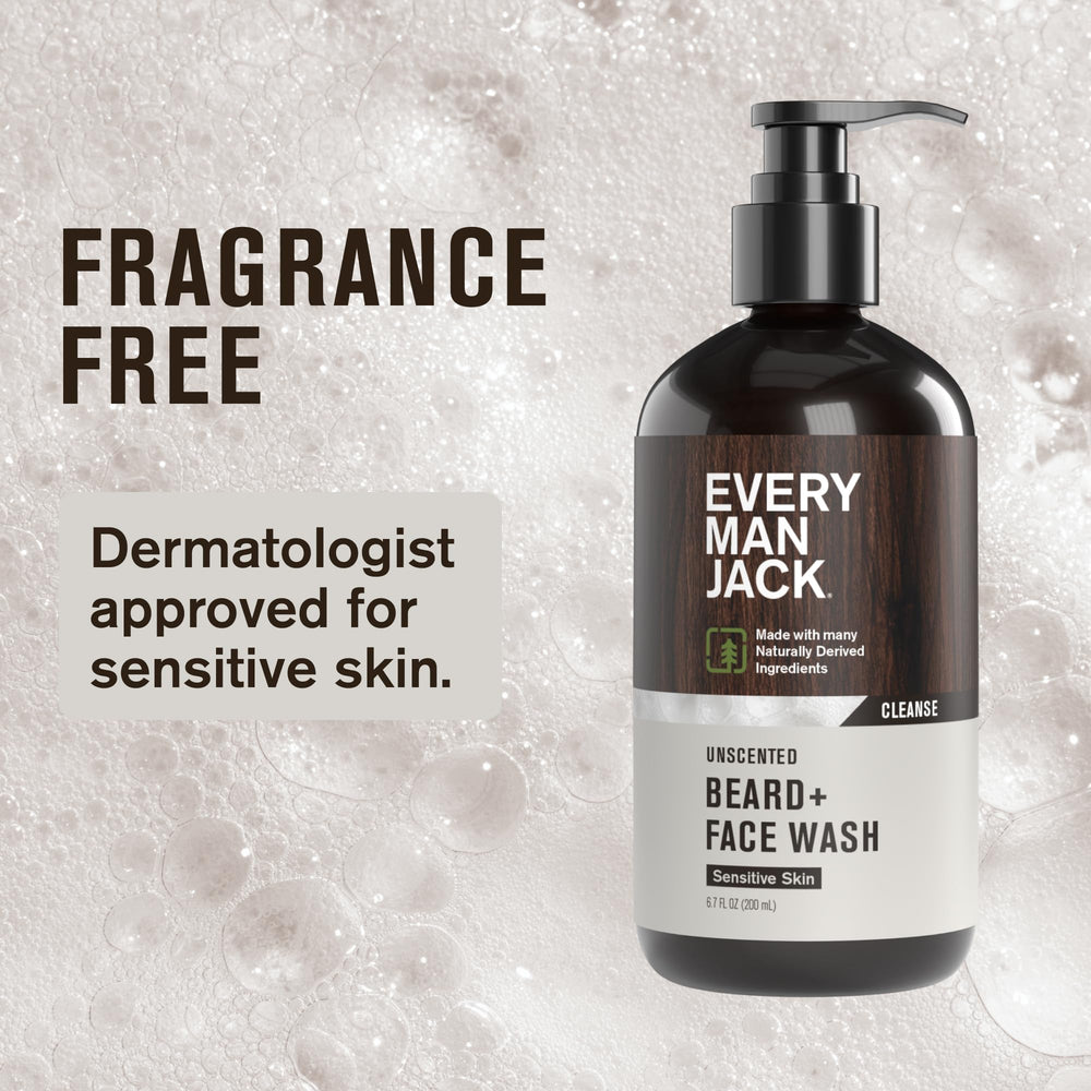 Every Man Jack unscented beard and face wash foamy-lather delivers thorough cleansing without irritation.