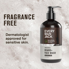 Every Man Jack unscented beard and face wash foamy-lather delivers thorough cleansing without irritation.