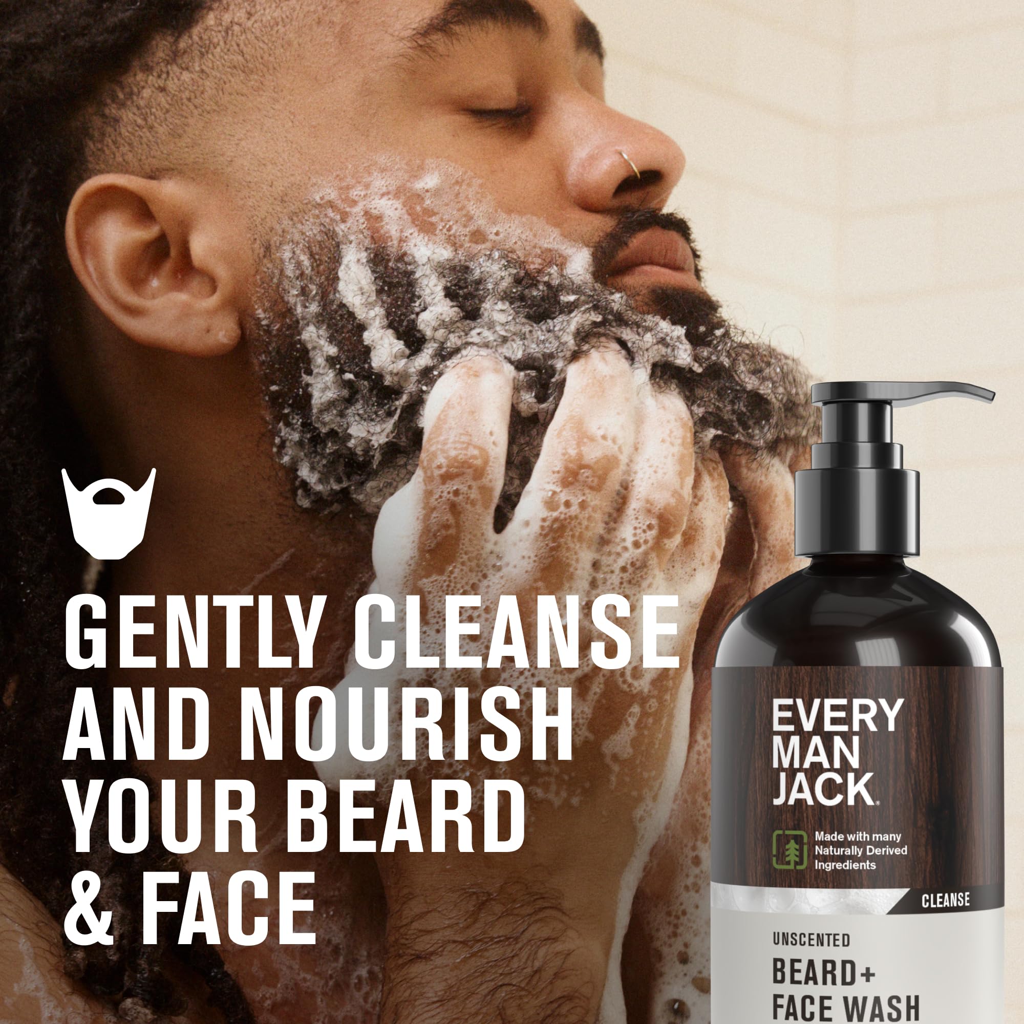 Every Man Jack unscented beard and face wash pump-dispense demonstrates quick, gentle cleansing.