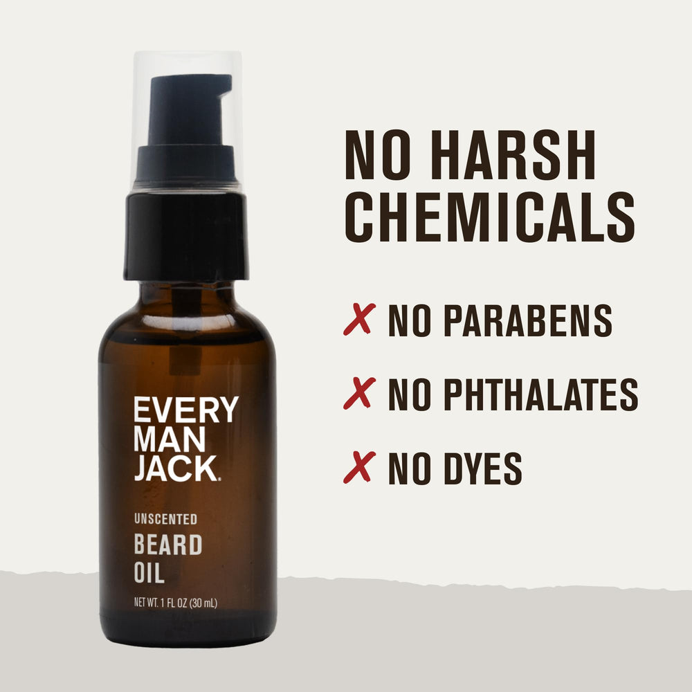 Every Man Jack unscented beard oil application scene for easy daily grooming.