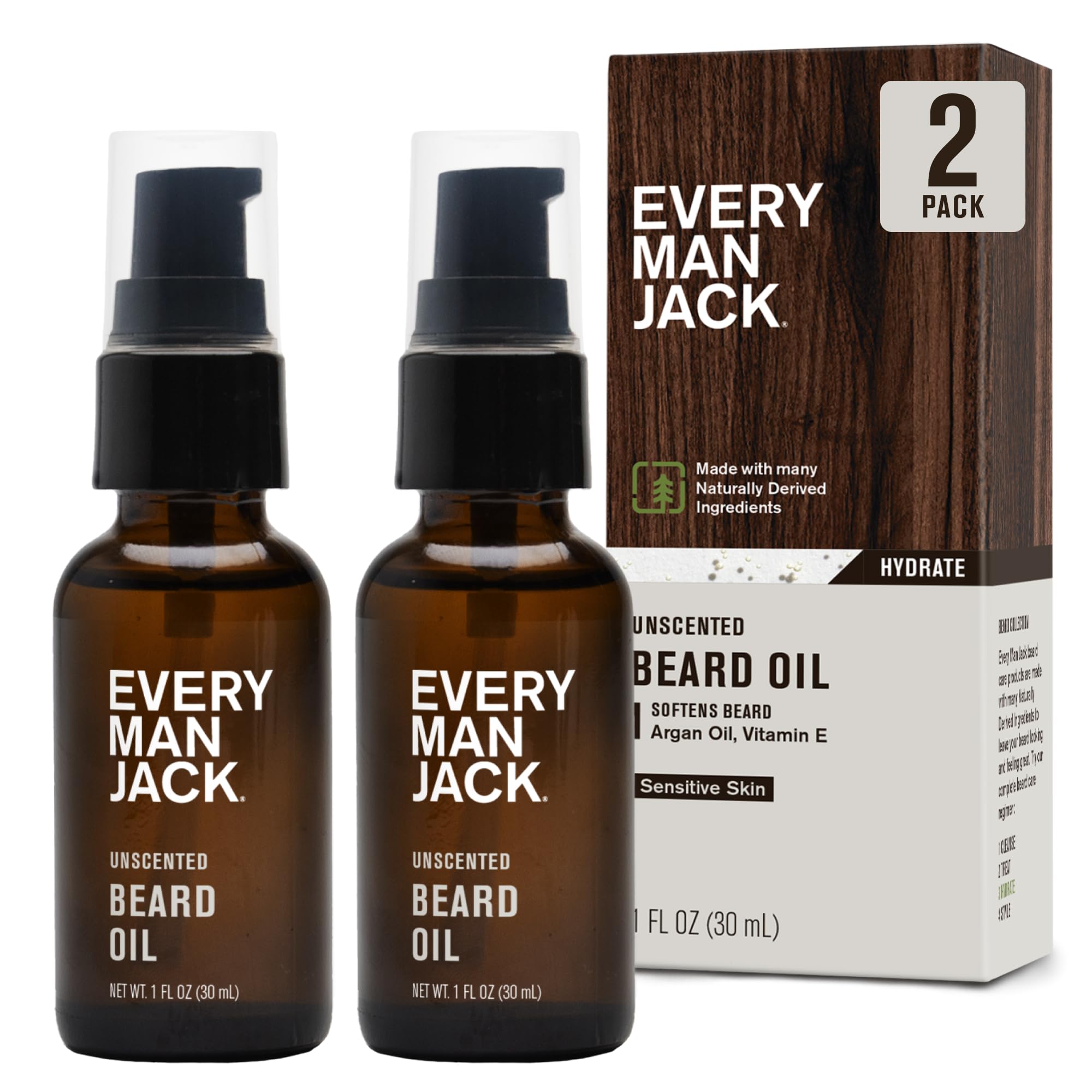 Every Man Jack unscented beard oil bottle closeup, fragrance-free for sensitive skin.