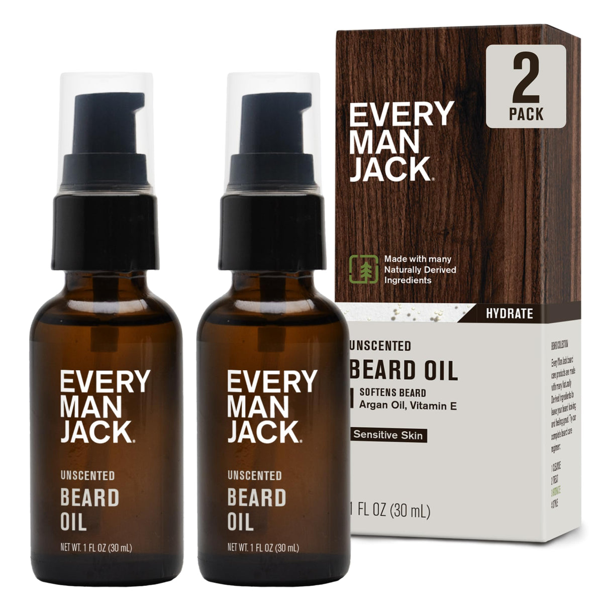 Every Man Jack unscented beard oil bottle closeup, fragrance-free for sensitive skin.