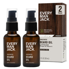 Every Man Jack unscented beard oil bottle closeup, fragrance-free for sensitive skin.