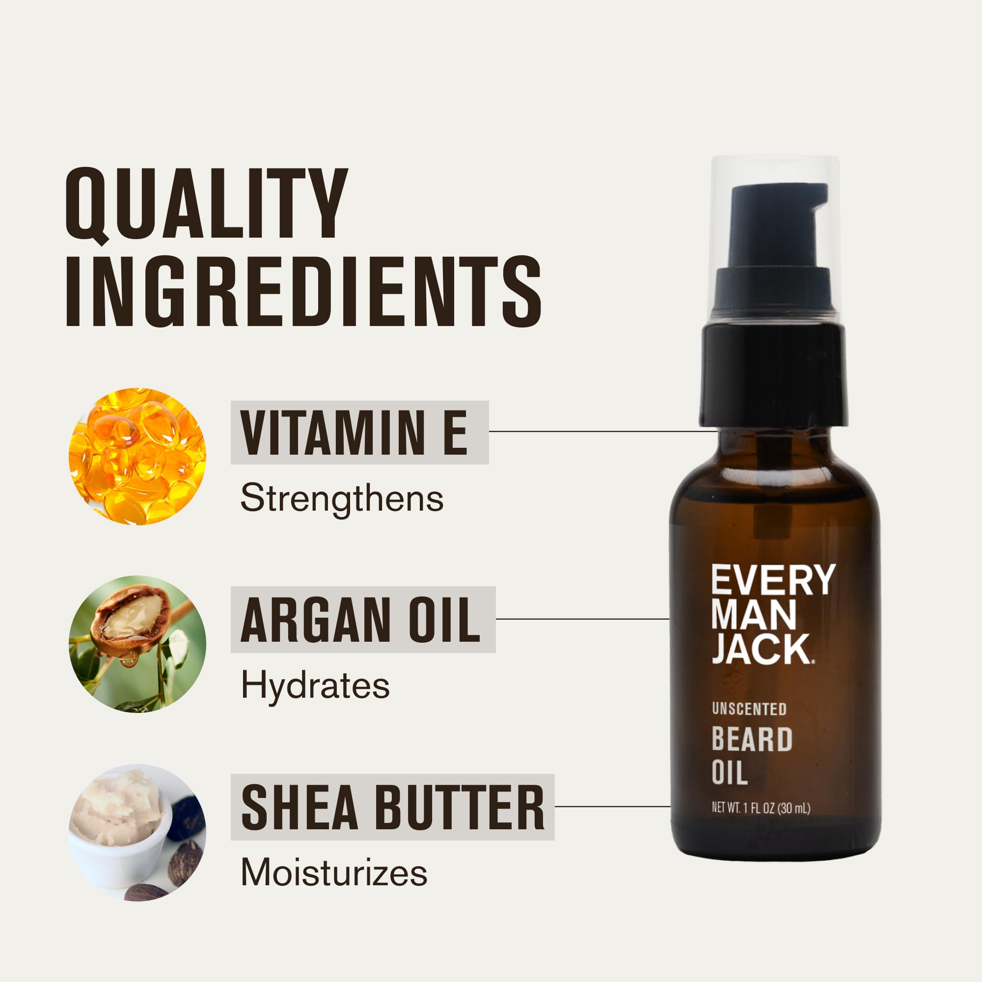 Every Man Jack unscented beard oil label closeup; dermatologist-tested fragrance-free care.