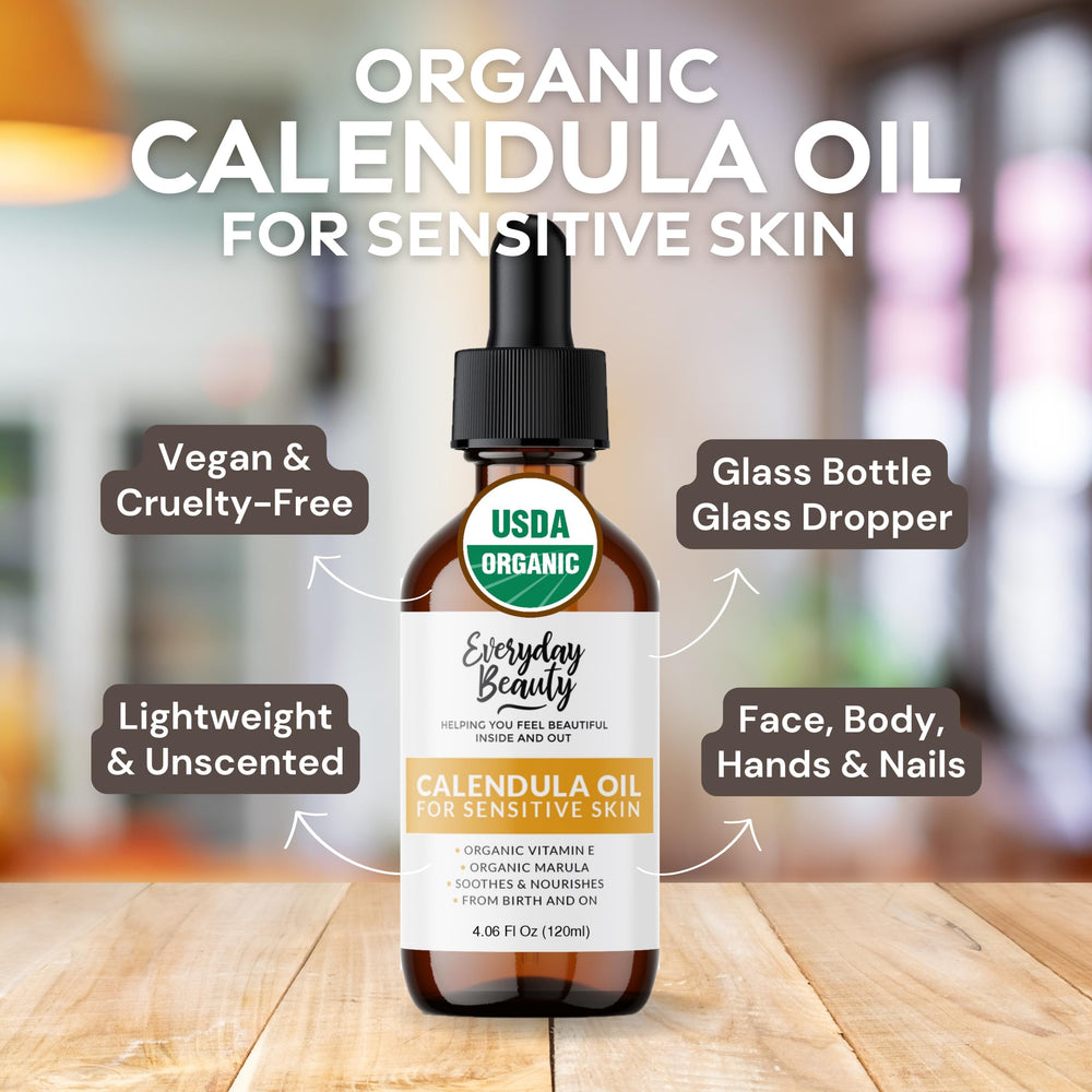 Everyday Beauty calendula oil face-application scene suggests easy daily routine for sensitive skin care.
