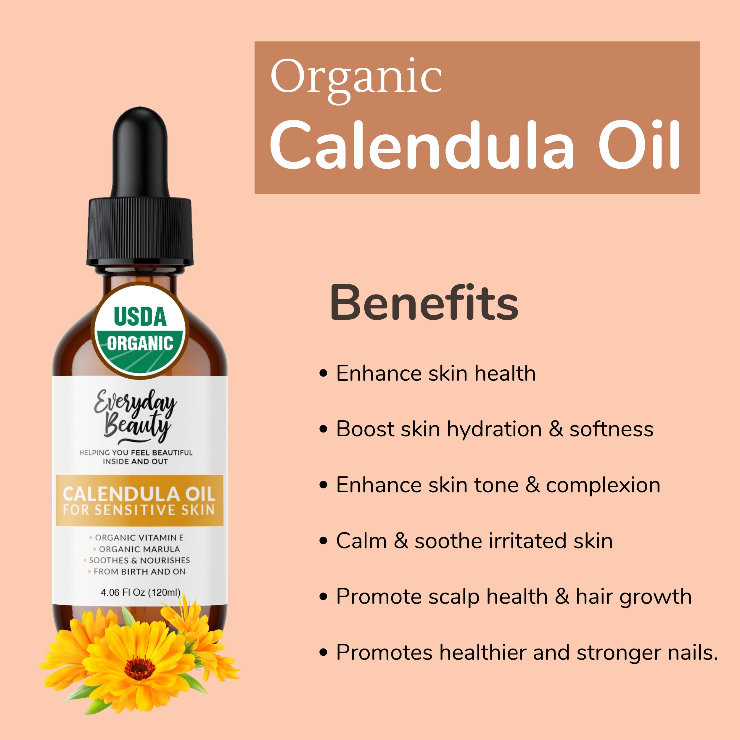 Everyday Beauty calendula oil packaging close-up emphasizes BPA-free amber glass and safety.