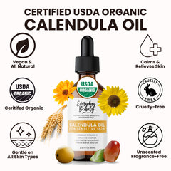Everyday Beauty Organic Calendula Oil amber bottle highlights unscented lightweight moisturizer