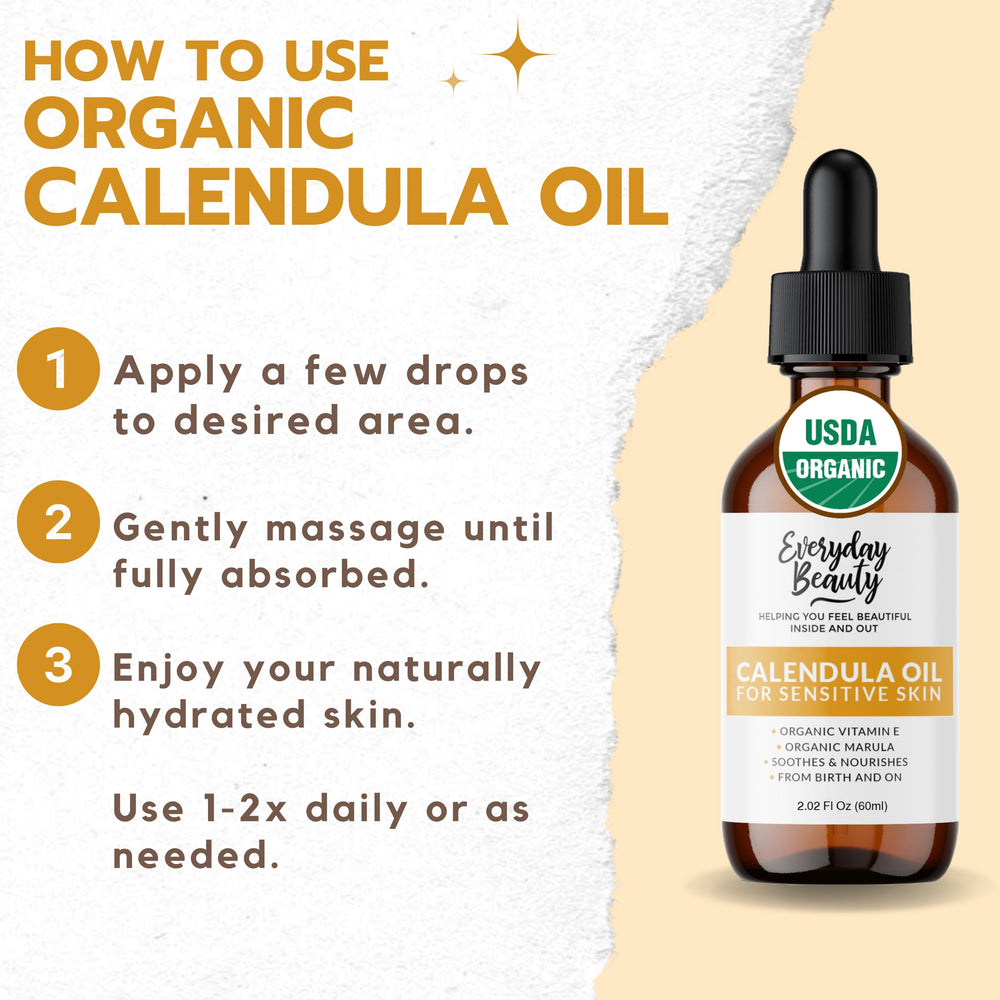 Everyday Beauty Organic Calendula Oil dropper demonstrates precise application for dry skin