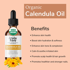 Everyday Beauty Organic Calendula Oil ingredients list emphasizes natural carrier oils and vitamins