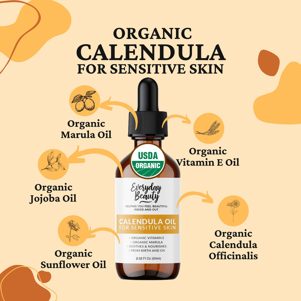 Everyday Beauty Organic Calendula Oil sensitive skin closeup conveys soothing care