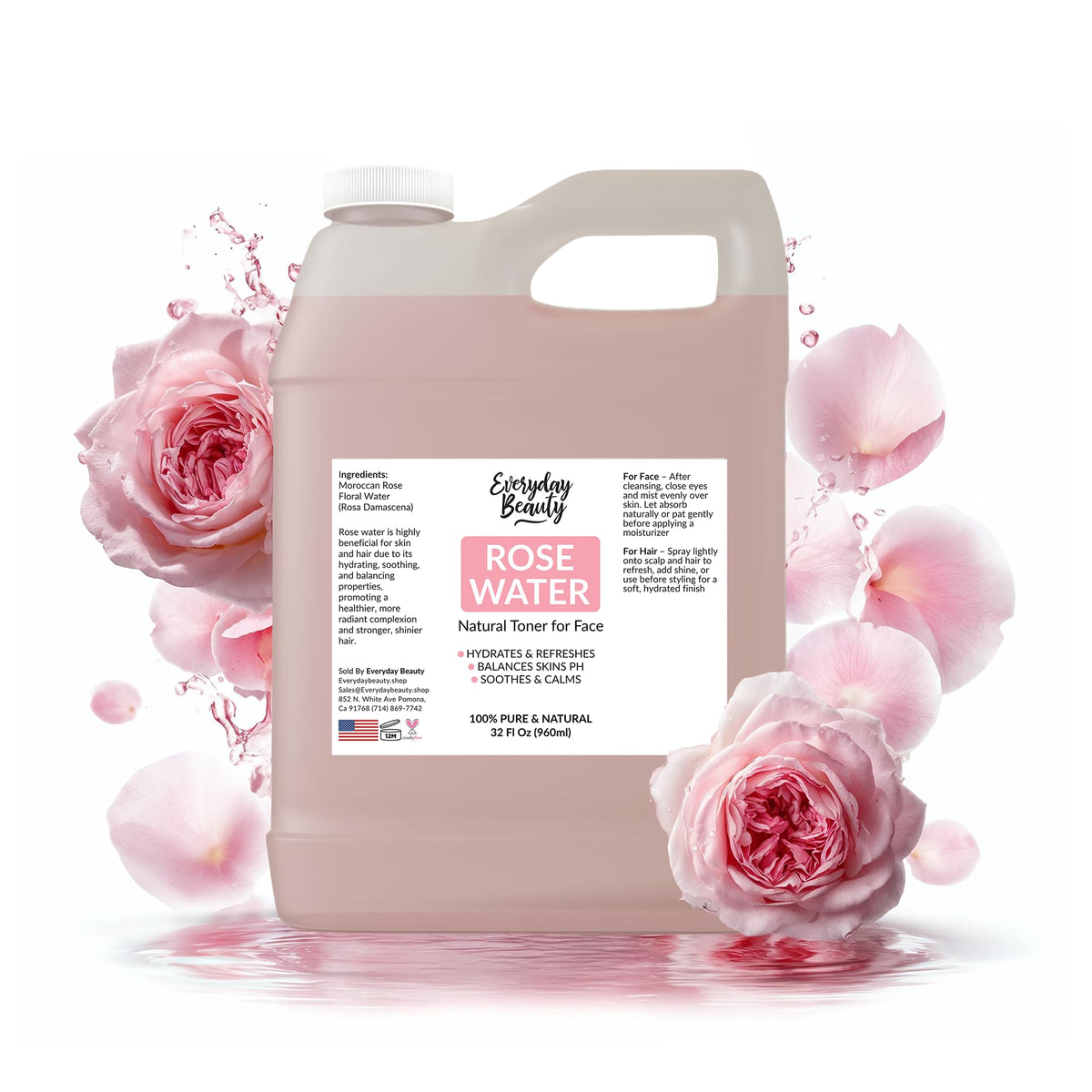 Everyday Beauty Rose Water Toner bottle showing alcohol-free hydration for all skin types.