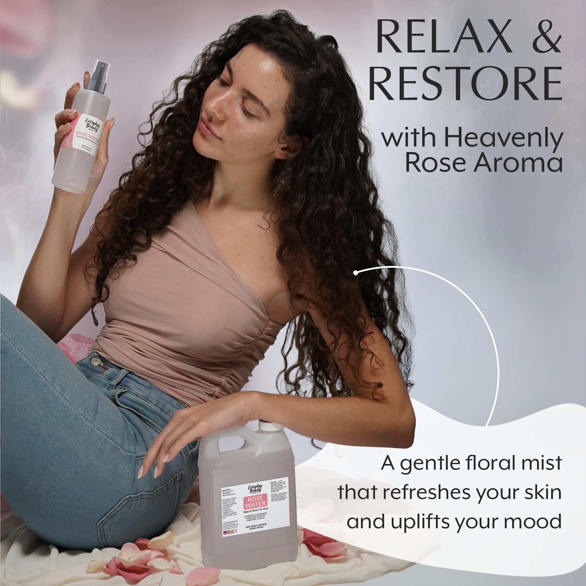 Everyday Beauty Rose Water Toner used on hair for light moisture and shine.