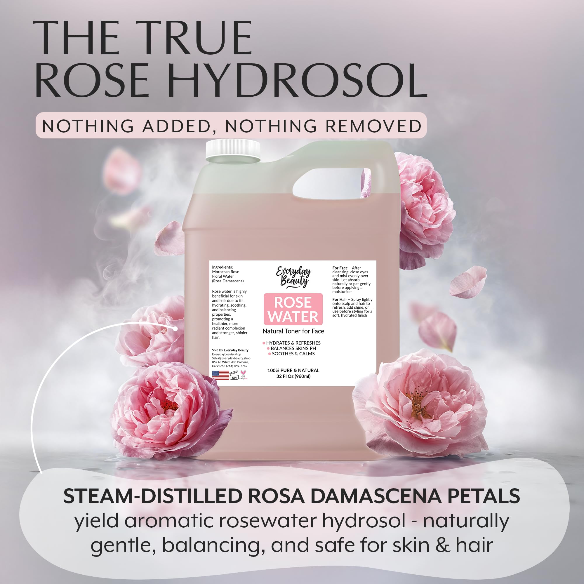 Everyday Beauty Rose Water Toner ingredients label highlights natural vegan formula.