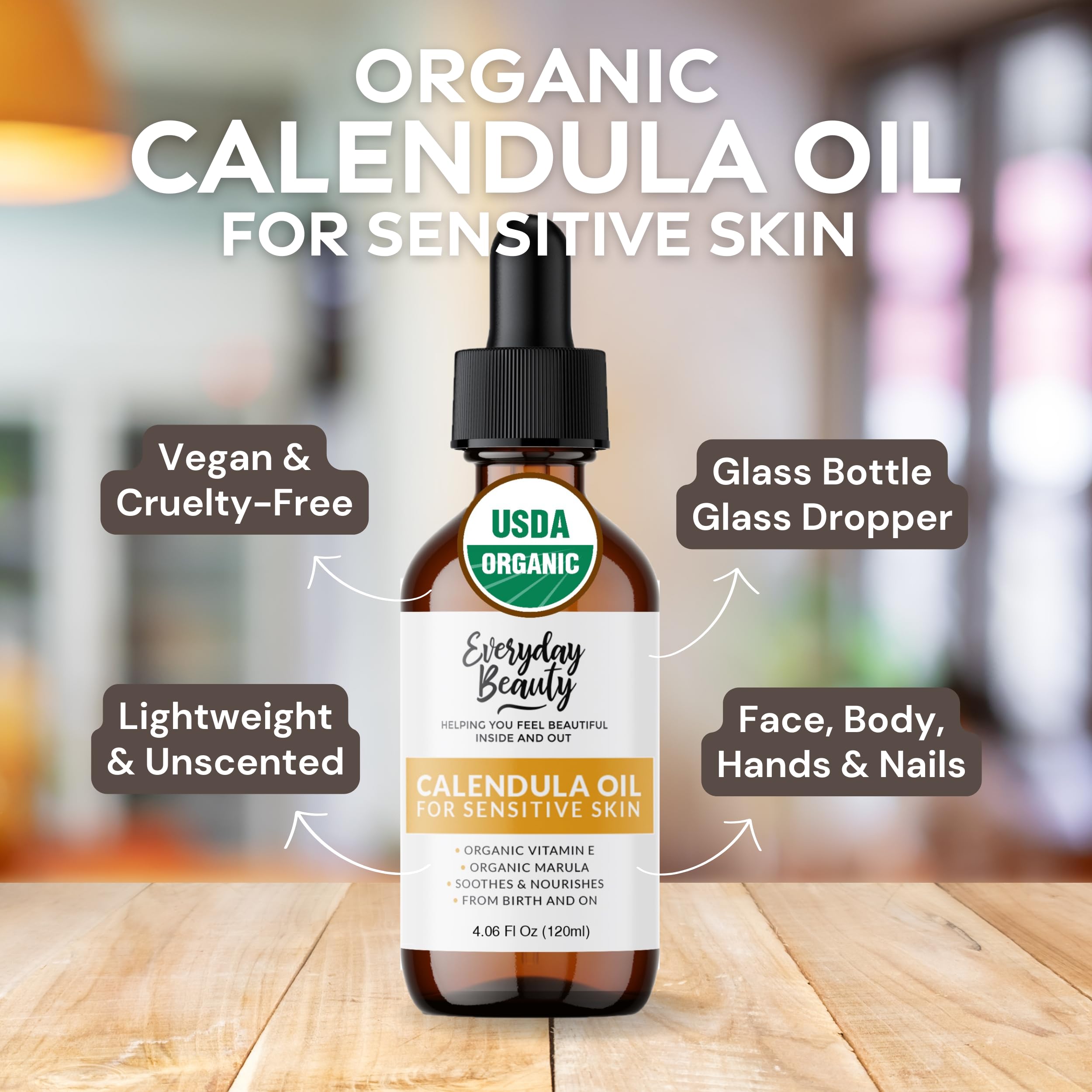 Everyday Beauty unscented calendula oil application on skin for irritation relief