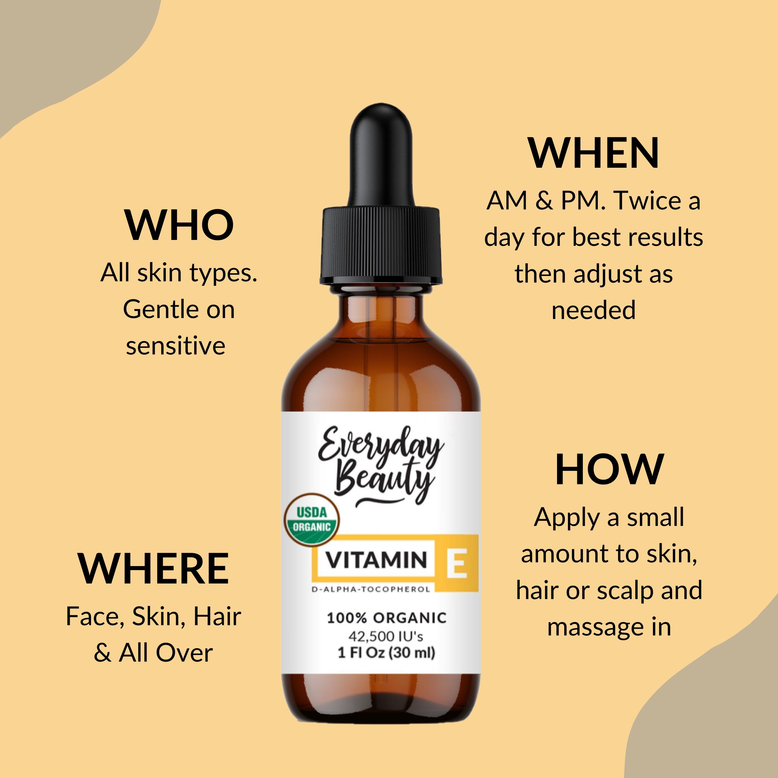 Everyday Beauty Vitamin E Oil amber bottle close-up protecting from light.
