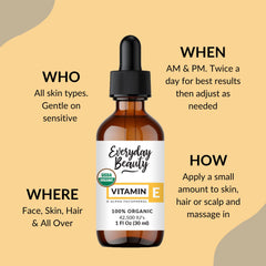 Everyday Beauty Vitamin E Oil amber bottle close-up protecting from light.