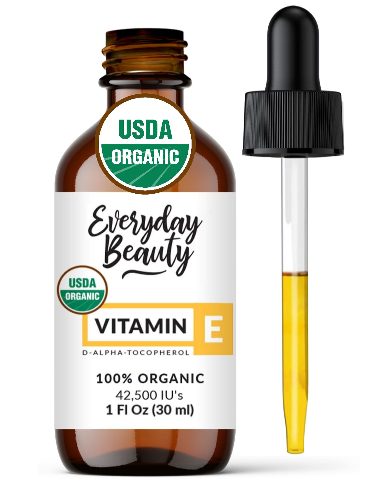 Everyday Beauty Vitamin E Oil bottle close-up for skin hydration.