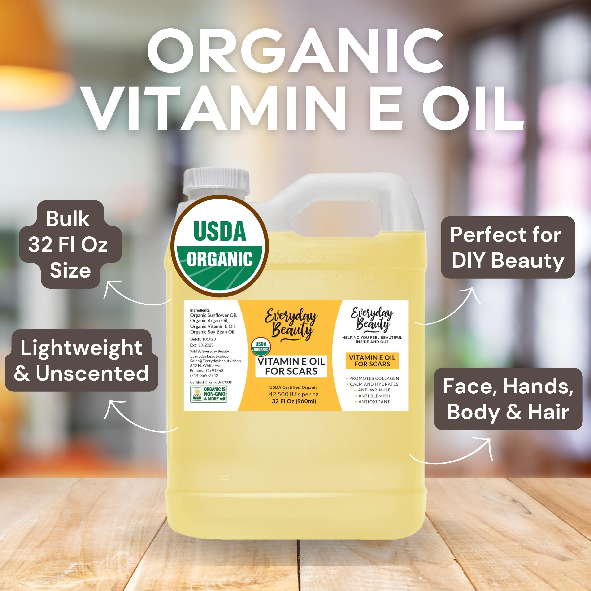 Everyday Beauty Vitamin E Oil applied to face and nails for nourishment.