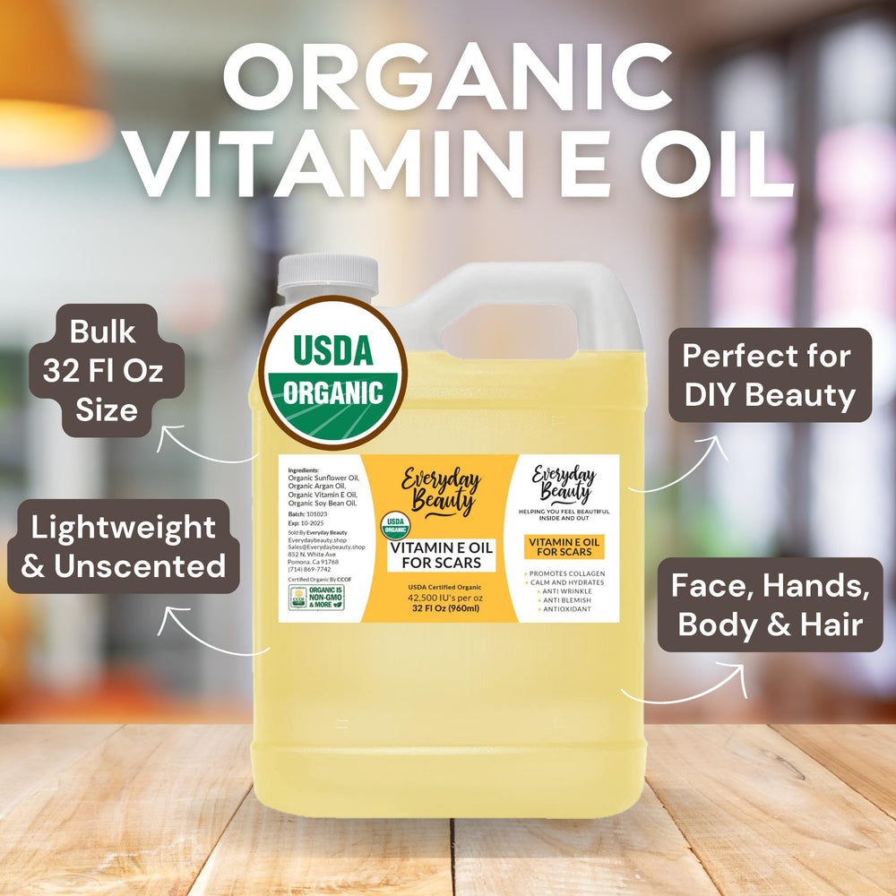 Everyday Beauty Vitamin E Oil applied to face and nails for nourishment.