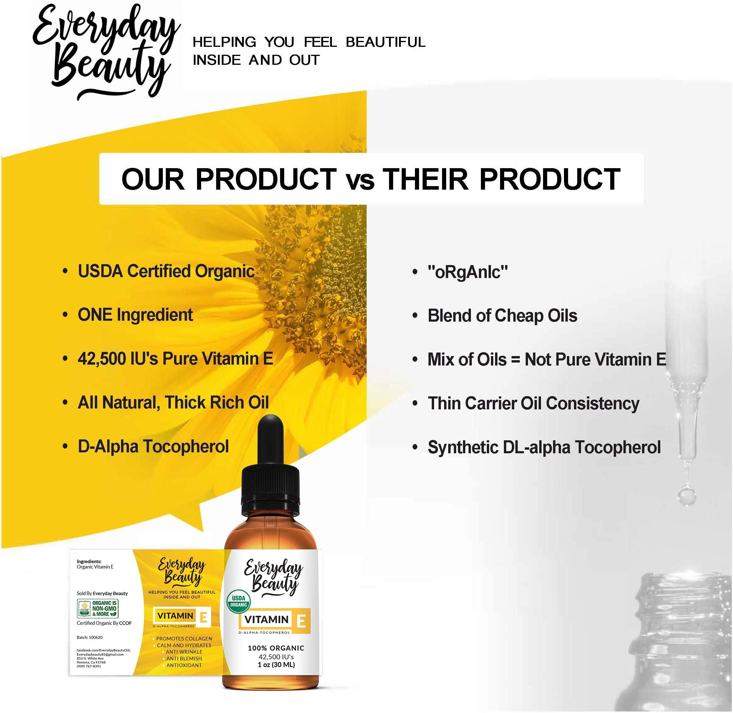 Everyday Beauty Vitamin E Oil packaging emphasizes sustainable glass bottle.