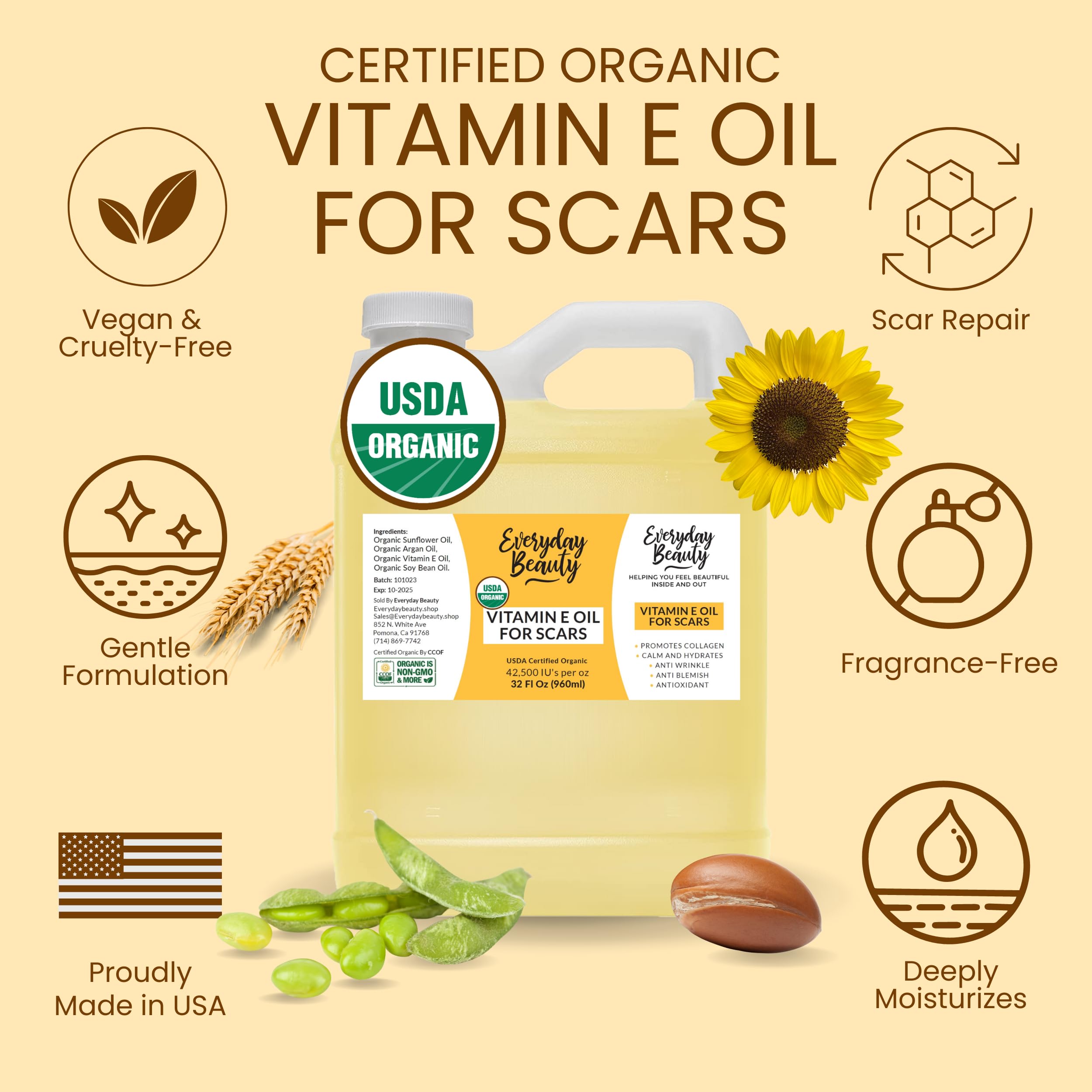 Everyday Beauty Vitamin E Oil unscented pour for easy daily application.