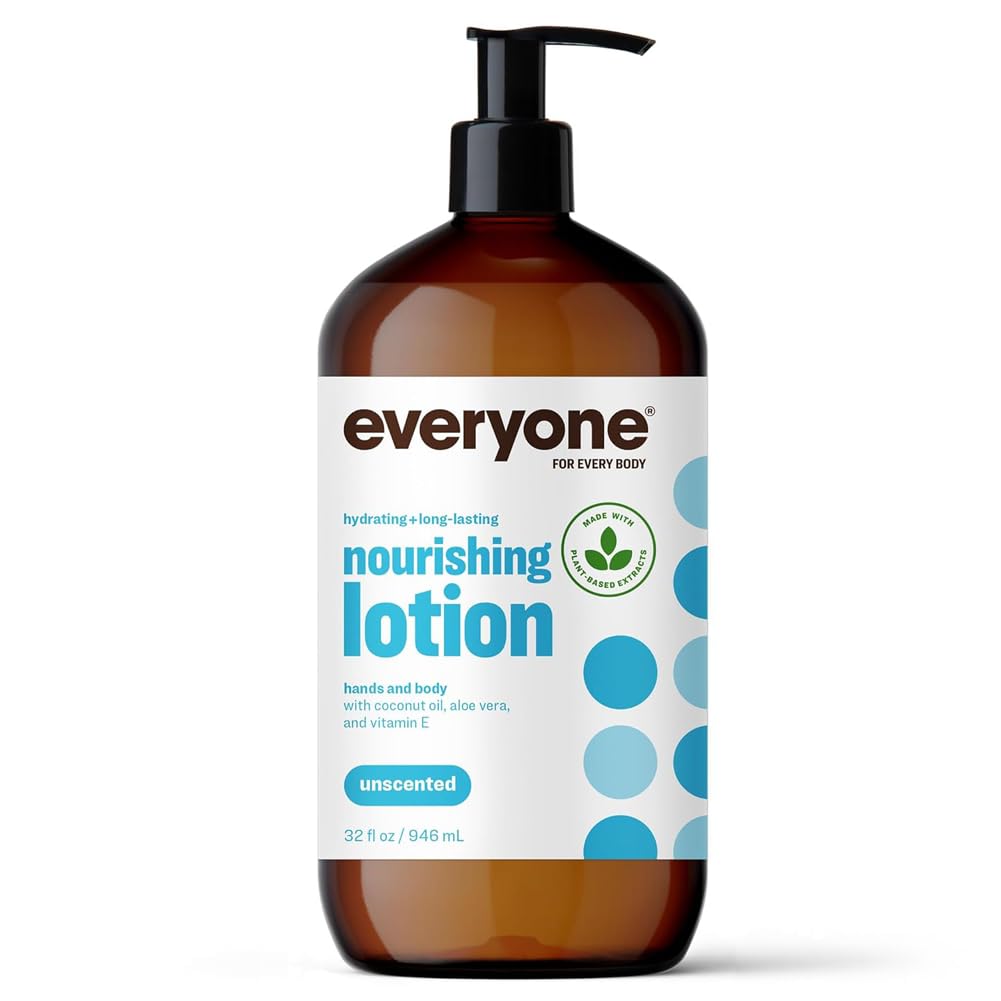 Everyone 2-in-1 lotion bottle front shows unscented hydration for all skin types.