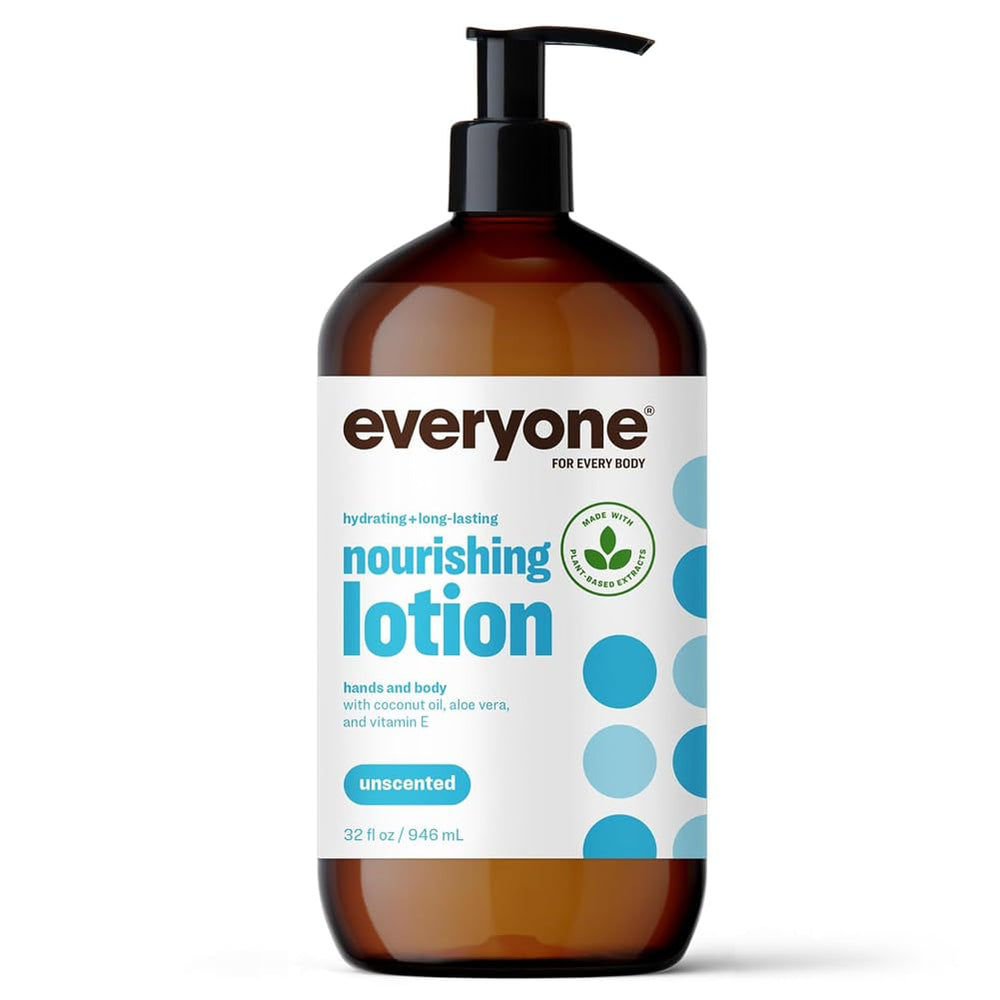 Everyone 2-in-1 lotion bottle front shows unscented hydration for all skin types.