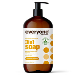 Everyone 3-in-1 Coconut Lemon bottle front, convenient all-in-one cleanser for hair, body, bath
