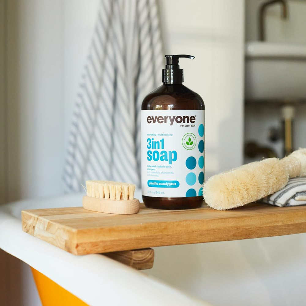 Minimalist packaging badge on Everyone for Every Body SOAP PACIFIC EUCALYPTUS stands for quality.