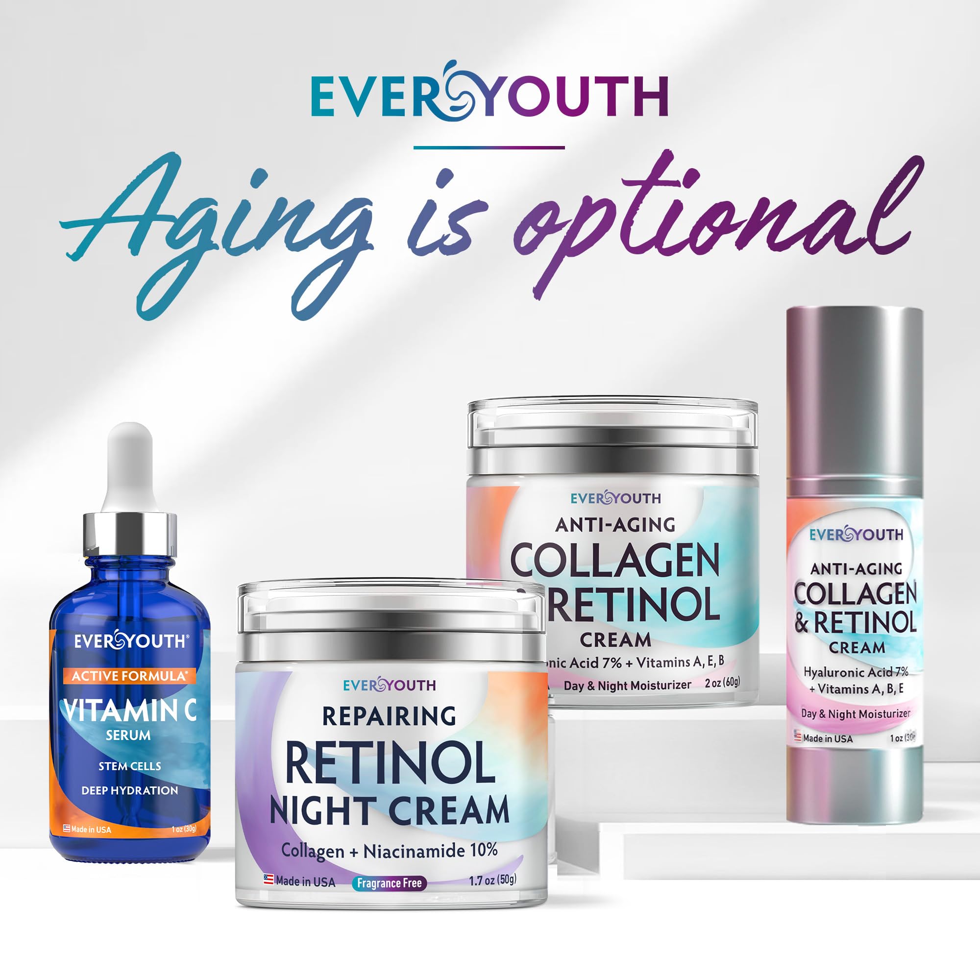 EVERYOUTH made-in-usa packaging indicating GMP-certified, quality-made serum.