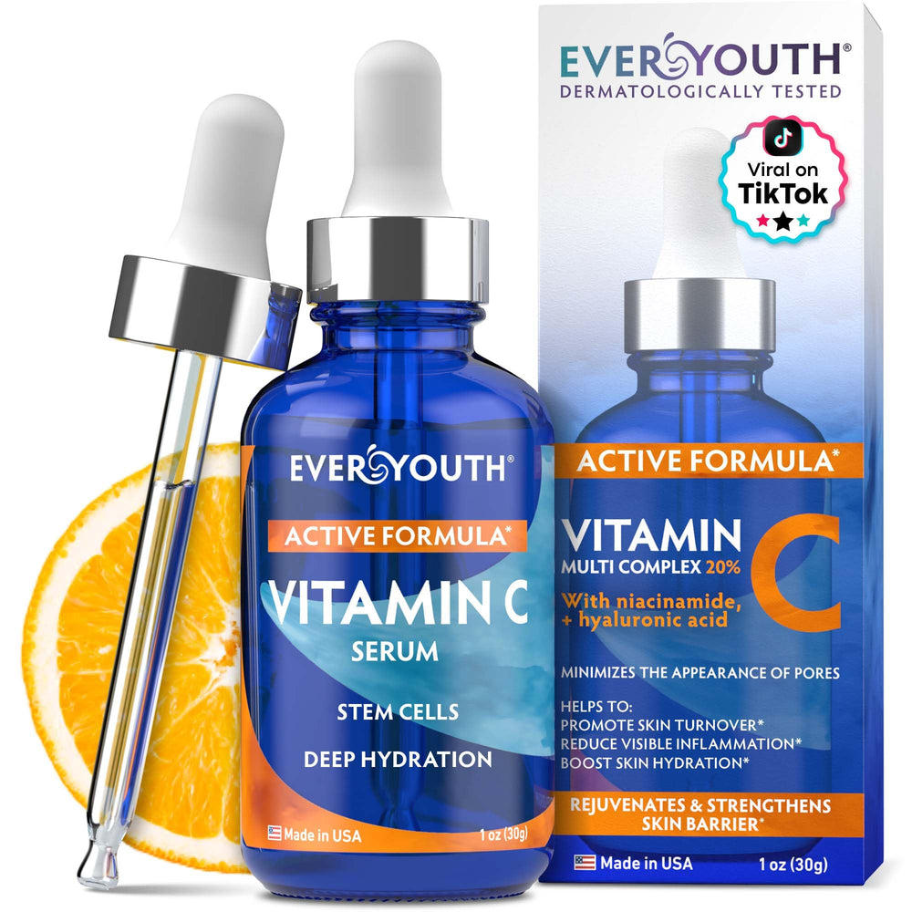 EVERYOUTH Vitamin C Serum bottle showing brightening focus for radiant skin.