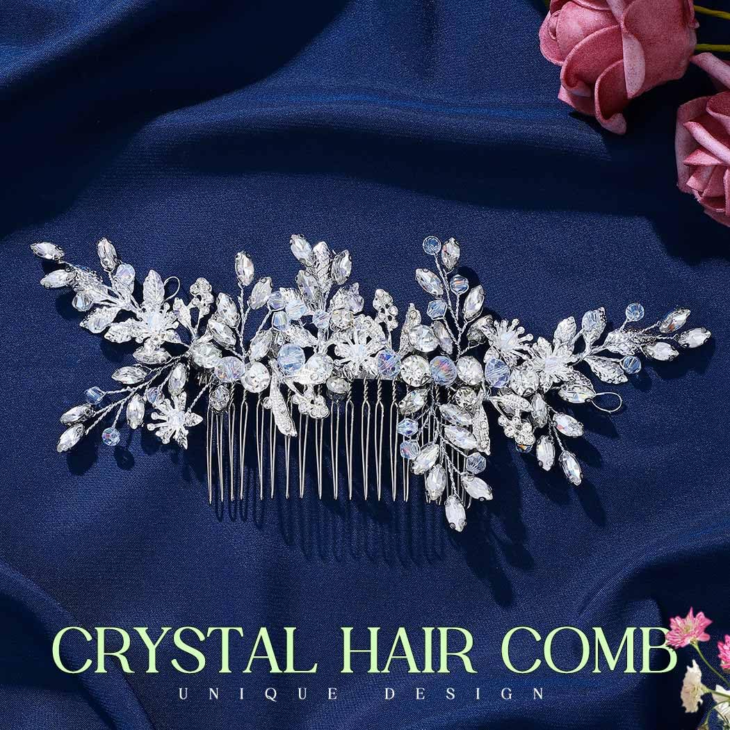 EVILD bridal headpiece closeup showing glass beads and opal rhinestones