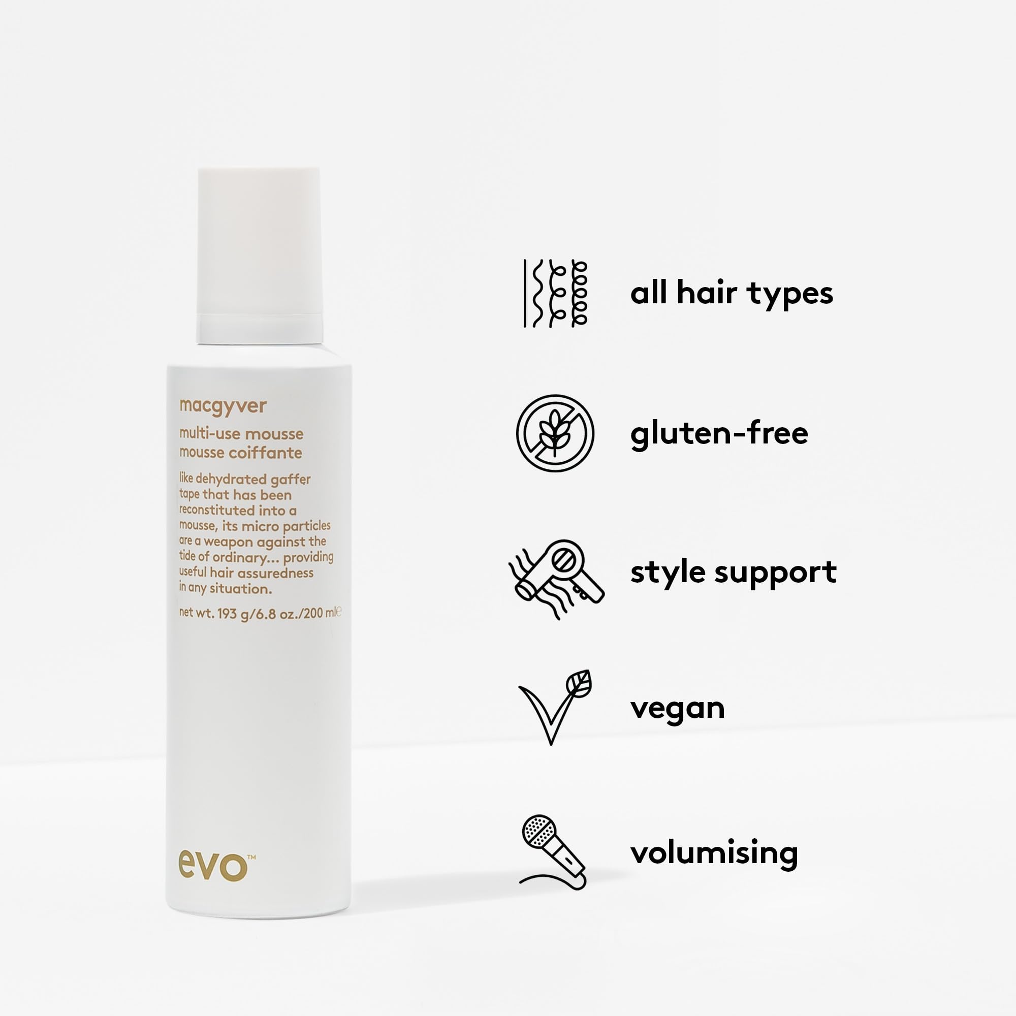 EVO Macgyver mousse on hair after styling for defined separation.