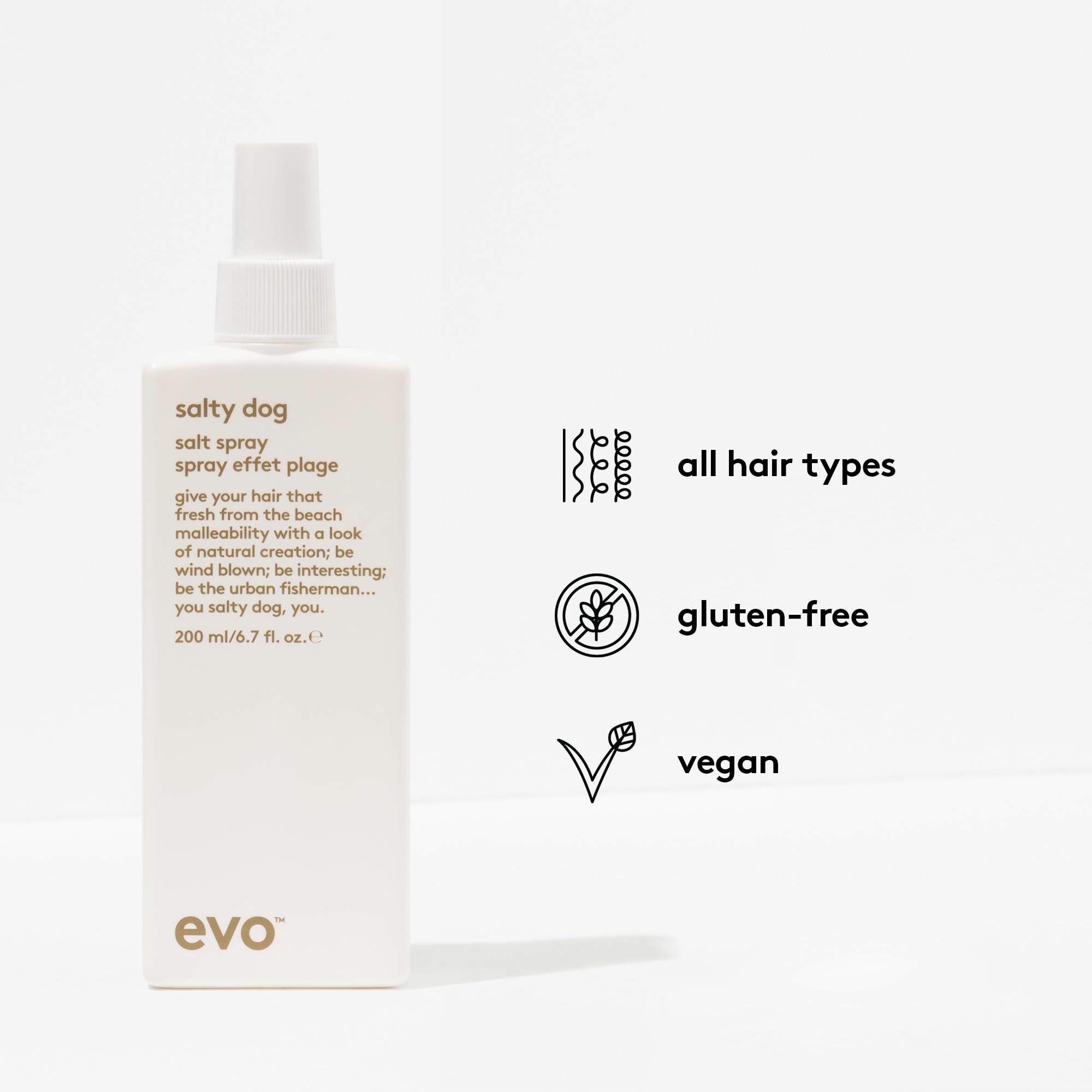 EVO Salty Dog salt spray on air-dried hair adds natural fullness.