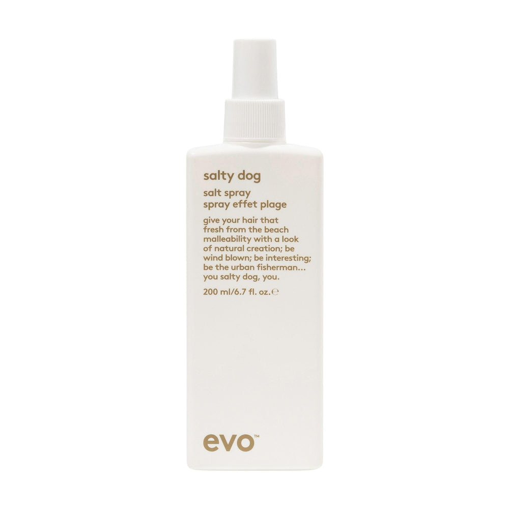 EVO Salty Dog salt spray bottle demonstrates textured beach-inspired hair with a matte finish.