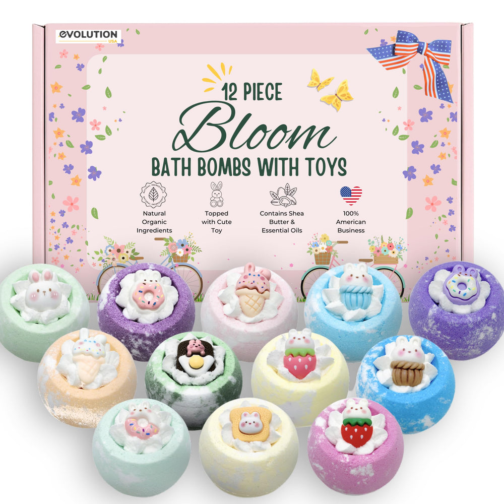 EvolutionUSA Bloom bath bombs packaging shows a gift-ready colorful set for kids