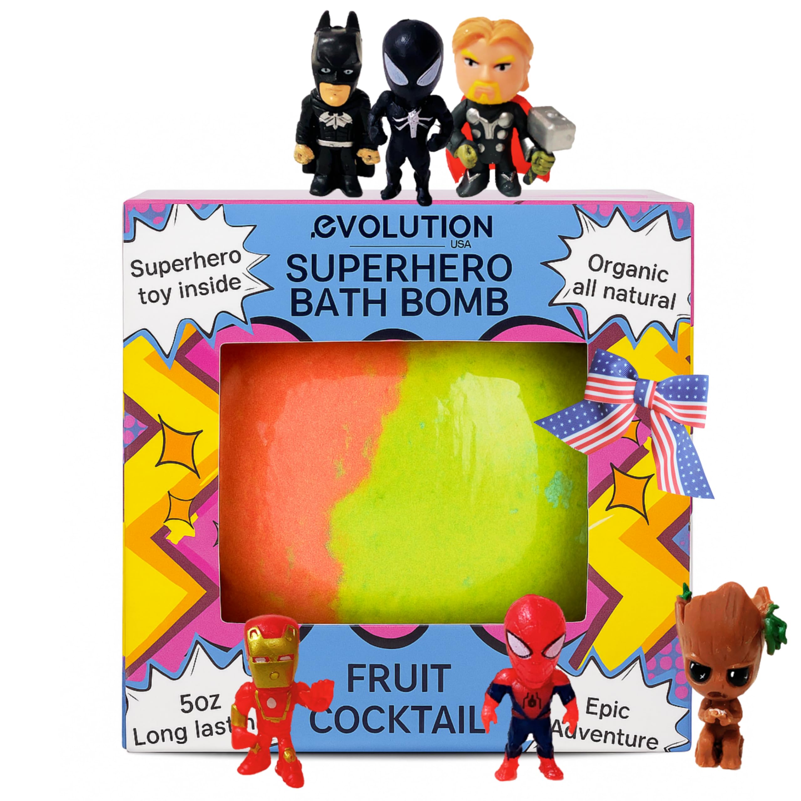 EvolutionUSA epic superhero bath bomb with toy inside, exciting bath time.