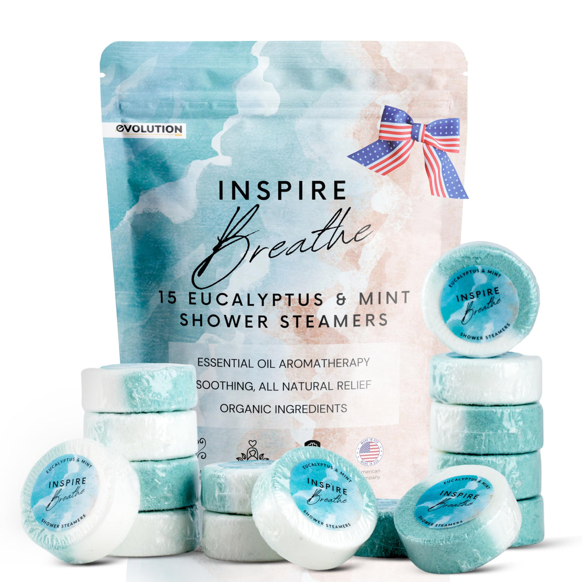 EvolutionUSA Inspire Breathe Steamers packaging showing mint and eucalyptus for a refreshing gift
