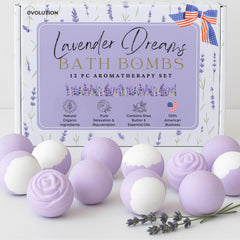EvolutionUSA Lavender Dreams bath bombs packaging shown as a gift-ready set