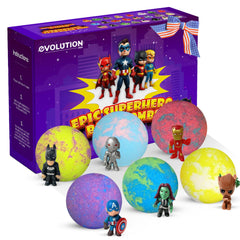 EvolutionUSA Purple Epic superhero bath bombs pack with six colors and a toy inside for imaginative play.