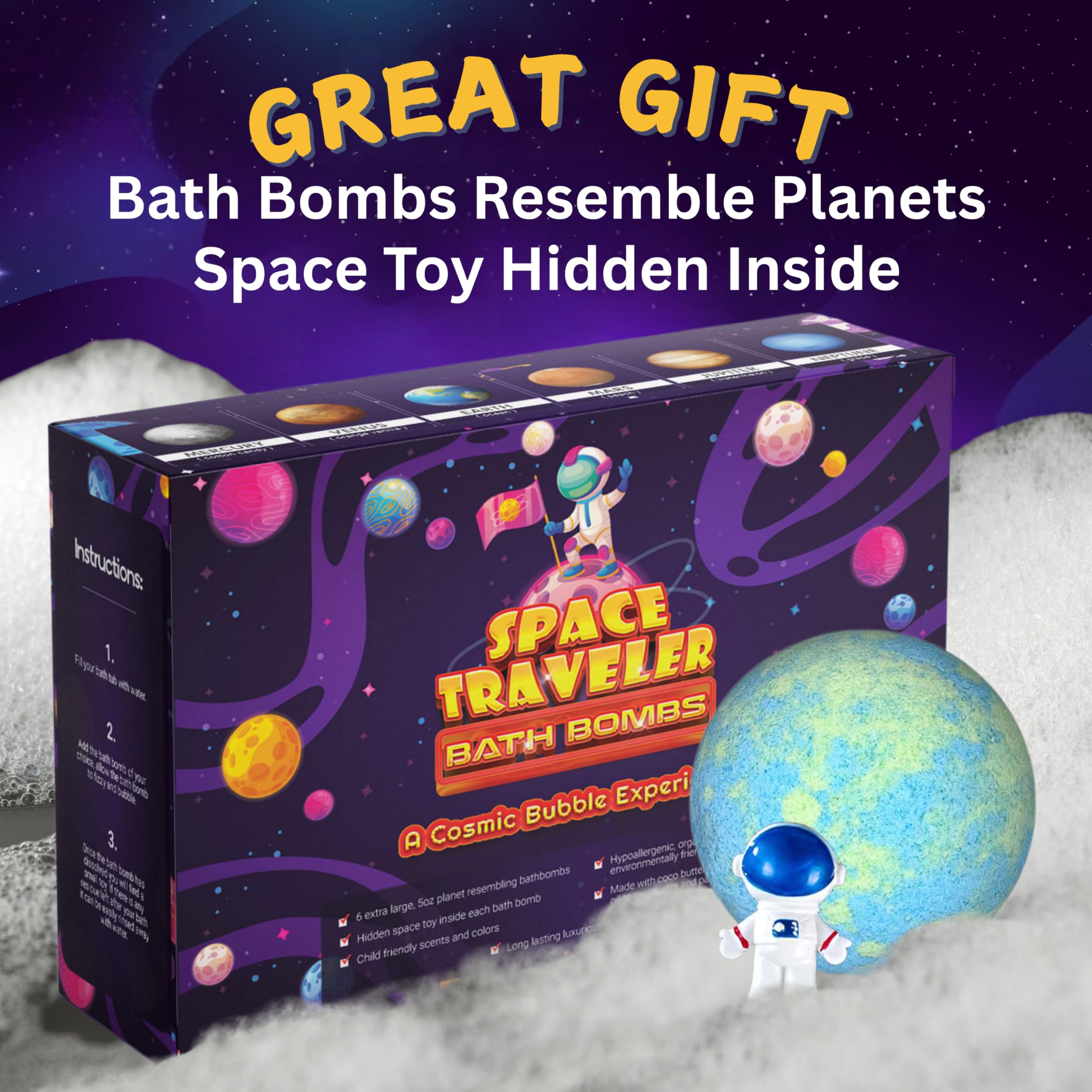 EvolutionUSA Space Bath Bombs packaging reveals a surprise toy inside.