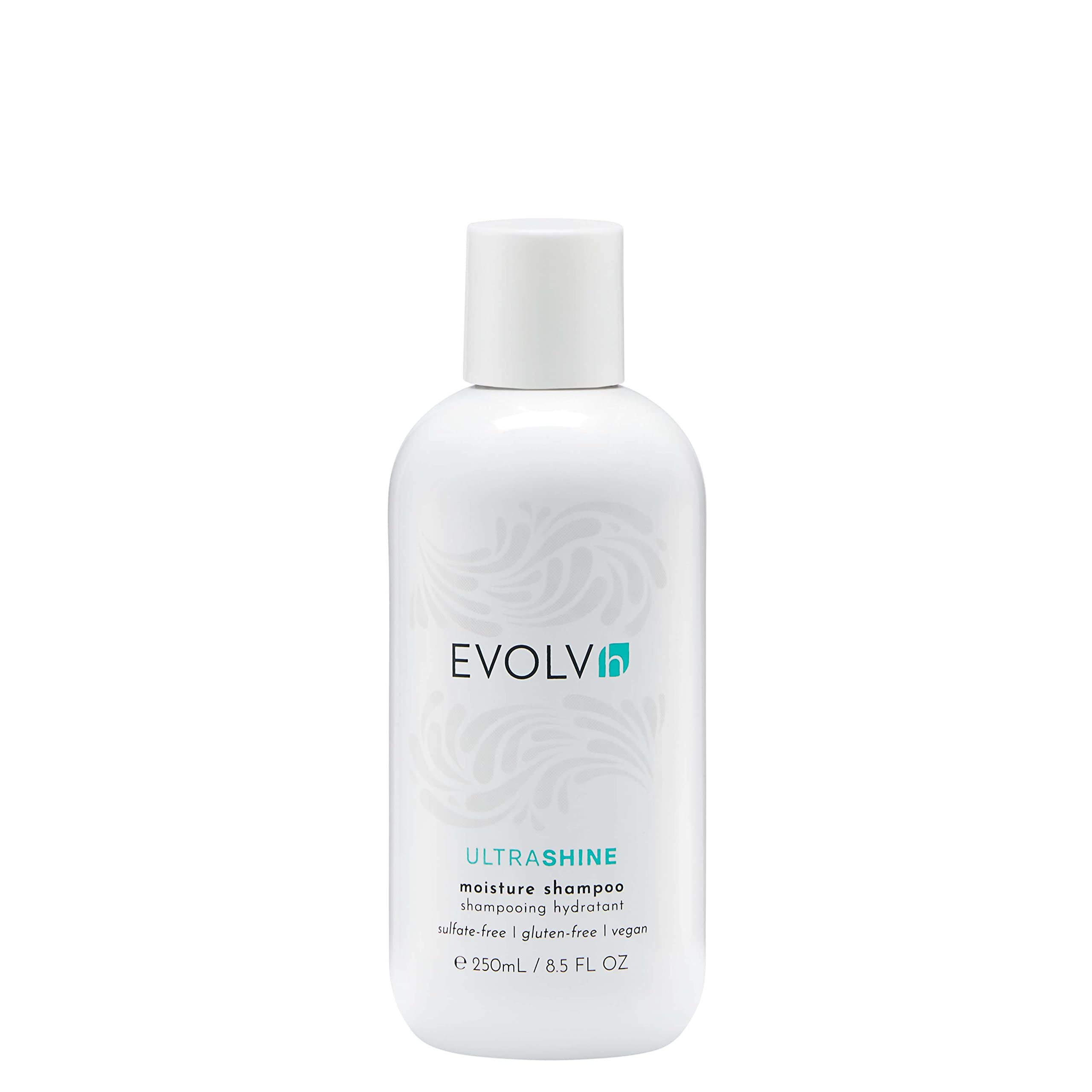 EVOLVh Natural UltraShine Moisture Shampoo pour bottle shows premium vegan formula benefits