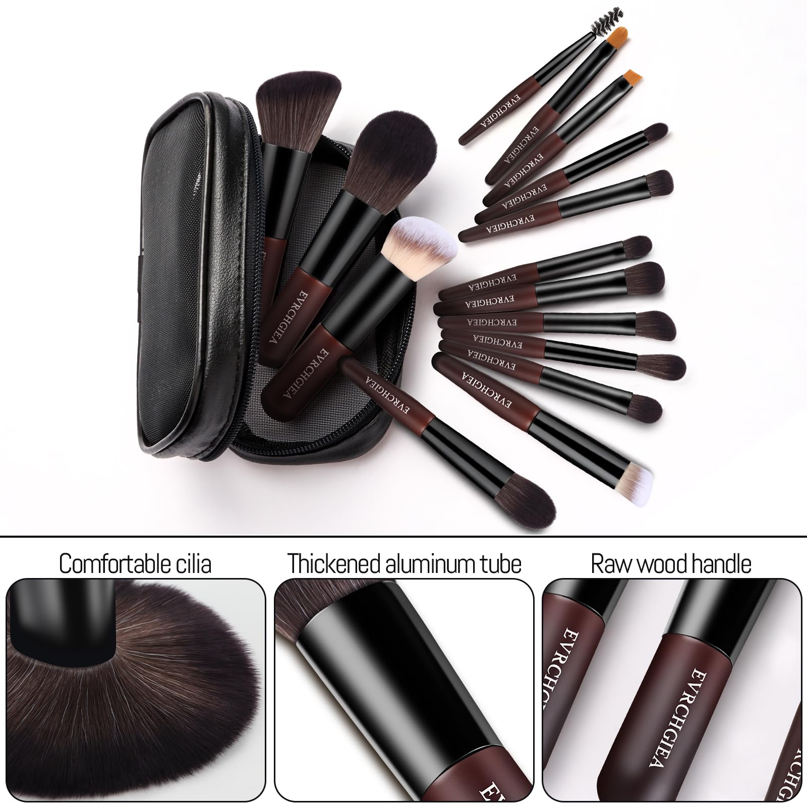 EVRCHGIEA 15-piece mini brushes laid out for full-face application and blending